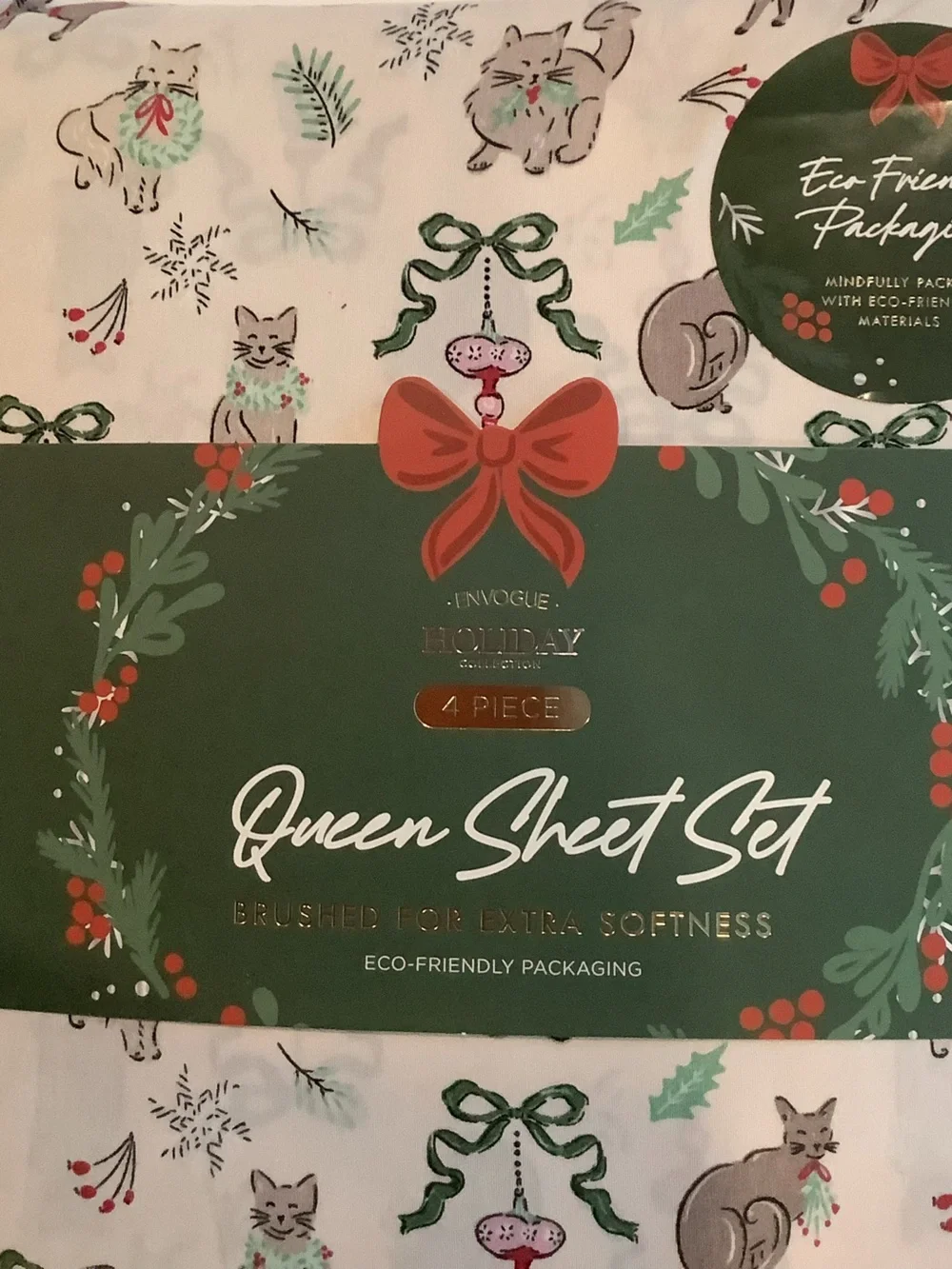 Envogue Christmas Cats & Vintage Bows 4 Pc. Queen Sheet Set New